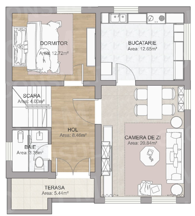 Plan parter mobilat – casa cu mansarda 135 mp, living, bucatarie, dormitor, baie