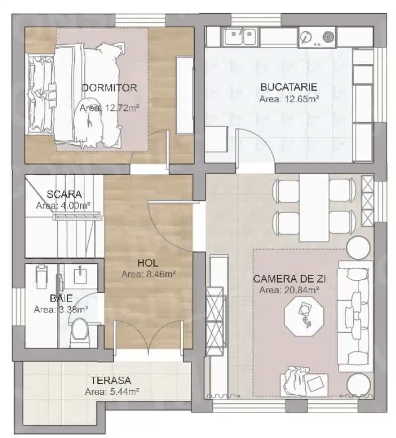 Plan parter mobilat – casa cu mansarda 135 mp, living, bucatarie, dormitor, baie