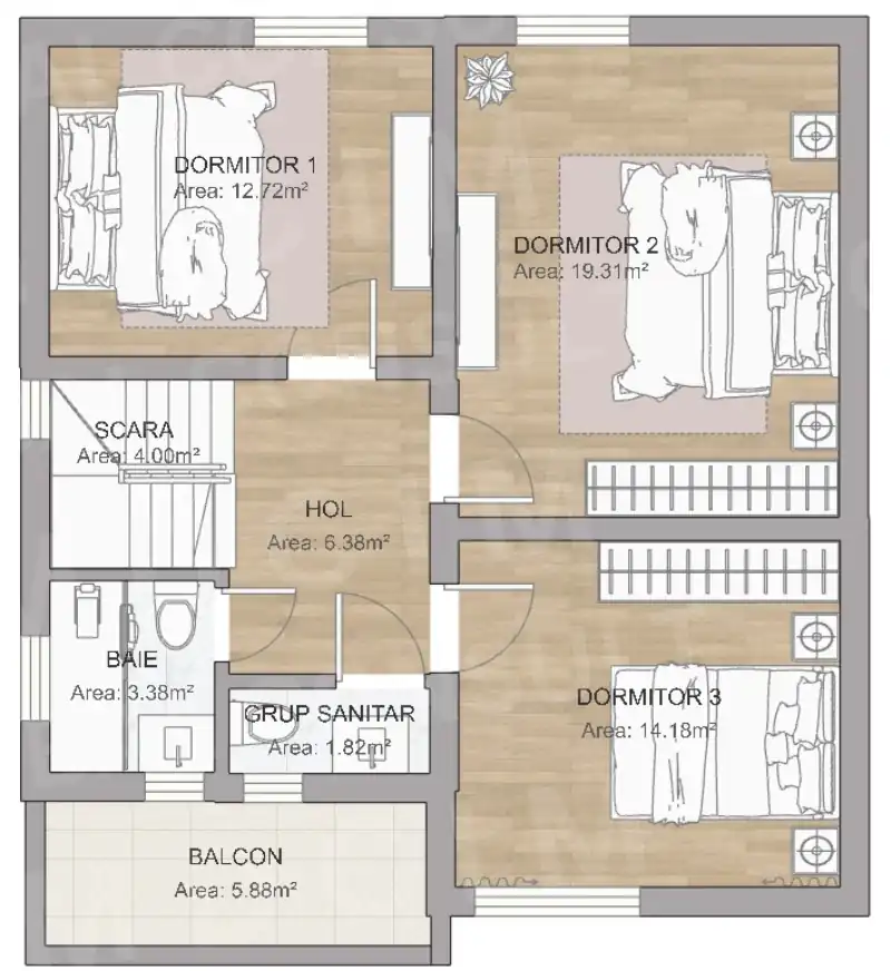 Plan mansarda mobilat – 3 dormitoare, baie, grup sanitar, balcon