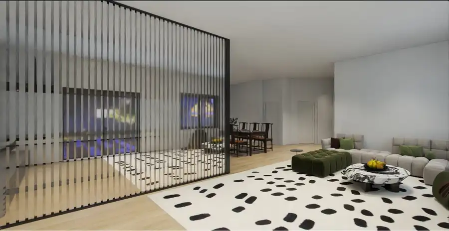 Vedere bucatarie prin peretele decorativ din sticla riflata – casa parter garaj