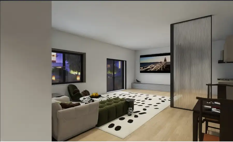 Living cu perete decorativ din sticla riflata – casa parter moderna 100 mp