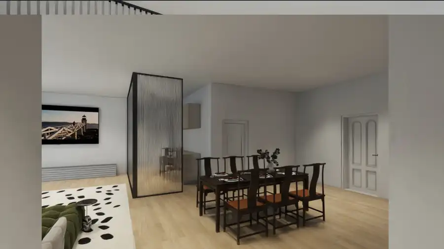 Living open-space cu canapea modulara si covor decorativ – casa parter moderna