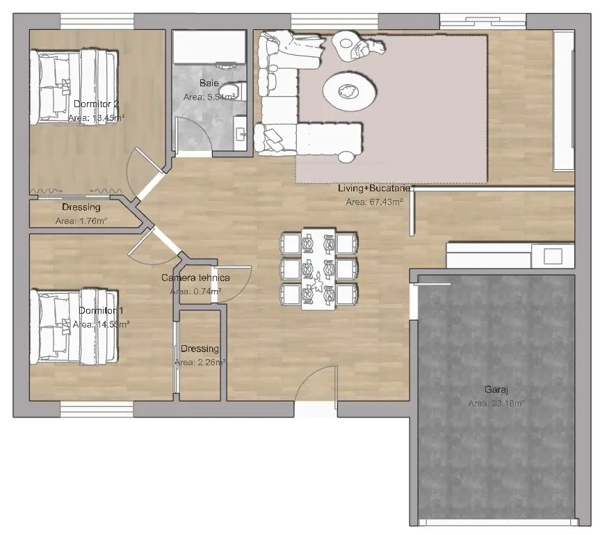 Plan parter mobilat – casa parter cu garaj 100 mp, living open-space, 2 dormitoare cu dressing, baie, camera tehnica, garaj