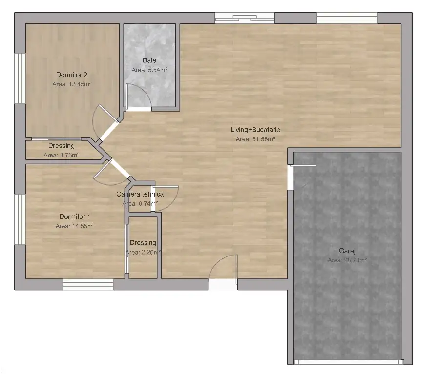 Plan parter structura – casa parter cu garaj 100 mp, distributie compartimente