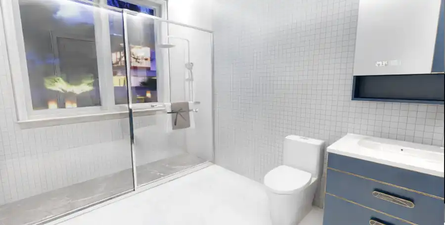 Baie moderna cu cabina dus din sticla, mobilier albastru si faianta alba – casa parter