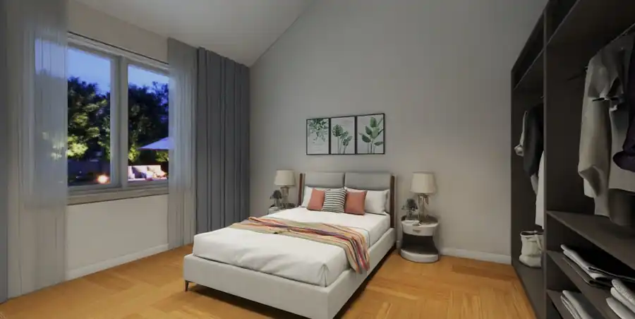 Dormitor 1 cu pat matrimonial, tablouri botanice si dressing – casa parter 122 mp