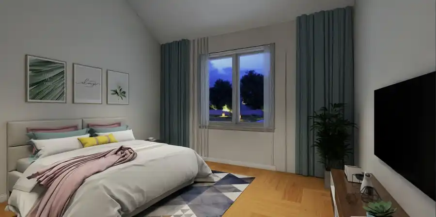 Dormitor 2 cu pat dublu, TV si covor geometric – proiect casa parter cu terasa