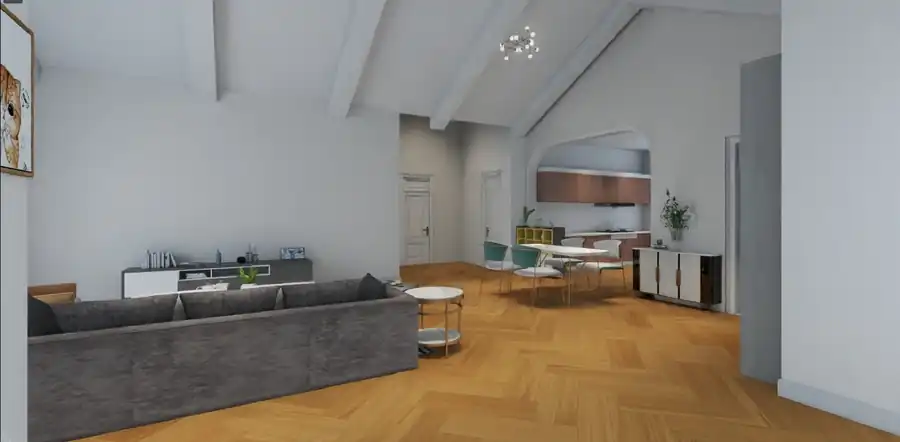 Living open-space cu canapea gri si bucatarie – casa parter 122 mp, tavan cu grinzi