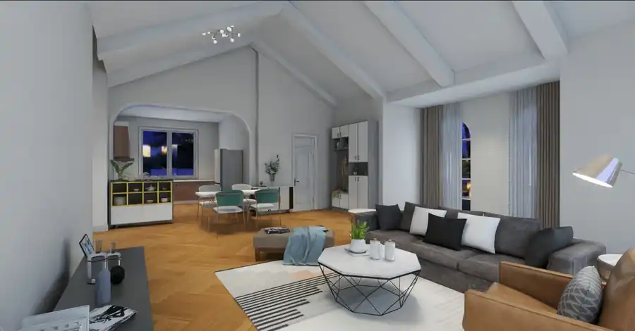 Living cu canapea, masa cafea marmura si ferestre panoramice – casa parter cu terasa