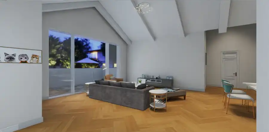 Living cu ferestre mari si vedere spre terasa – proiect casa parter 122 mp