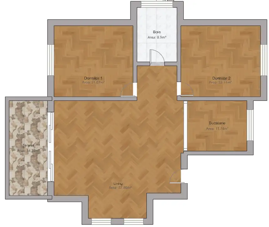 Plan parter structura – casa parter cu terasa 122 mp, distributie compartimente