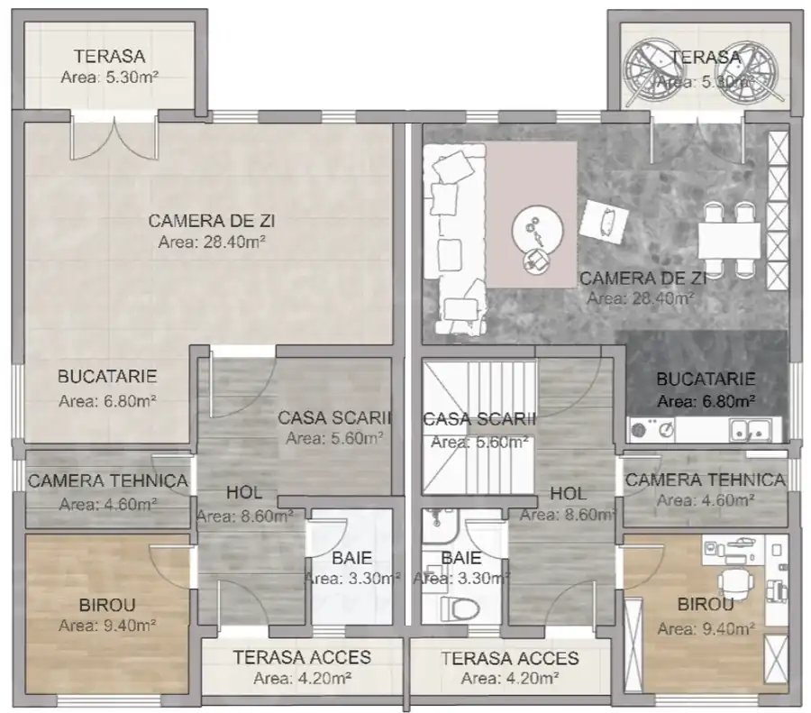 Plan parter casa tip duplex – camera de zi, bucatarie, birou, baie, terasa