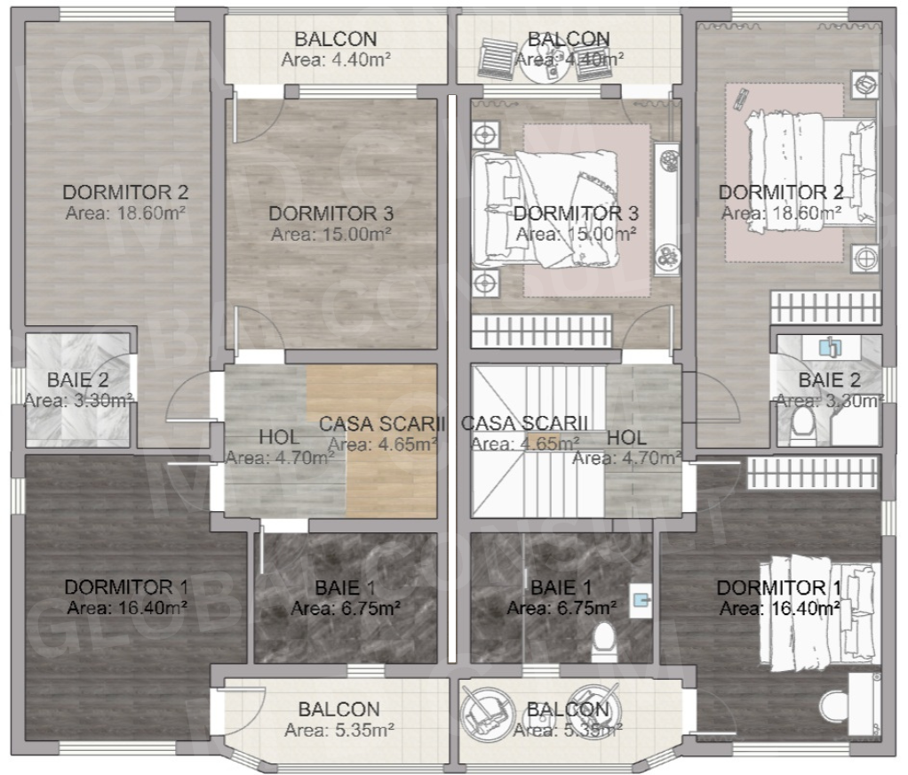 Plan etaj casa tip duplex – 3 dormitoare, 2 bai, balcoane