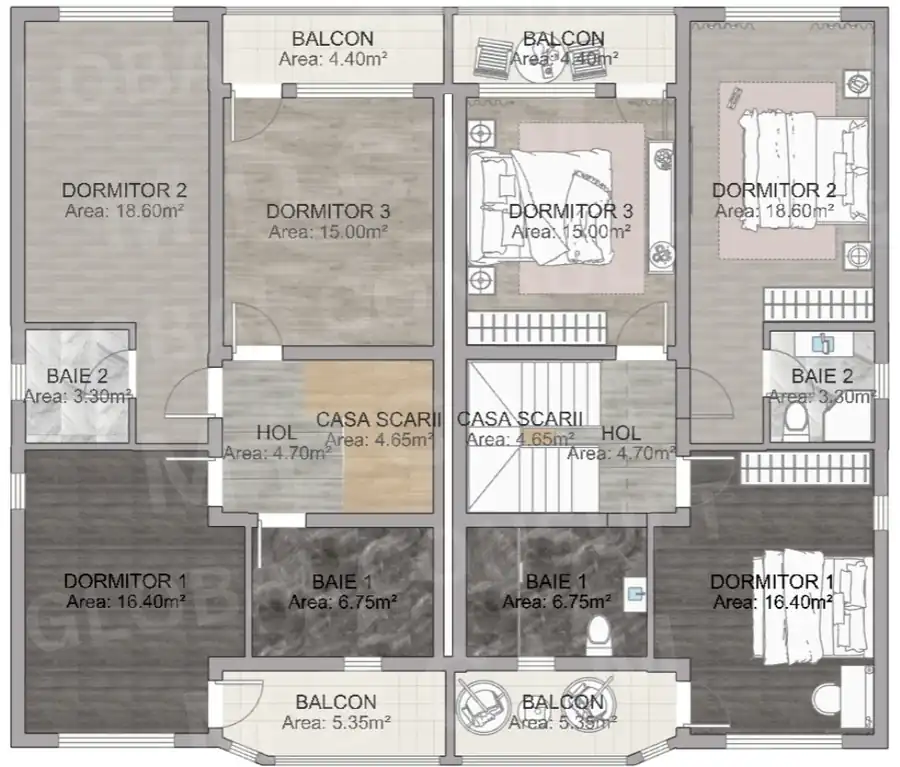 Plan etaj casa tip duplex – 3 dormitoare, 2 bai, balcoane