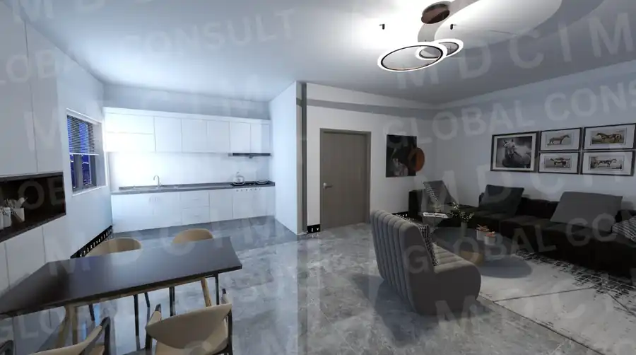 Randare interior living cu bucatarie open-space – casa tip duplex