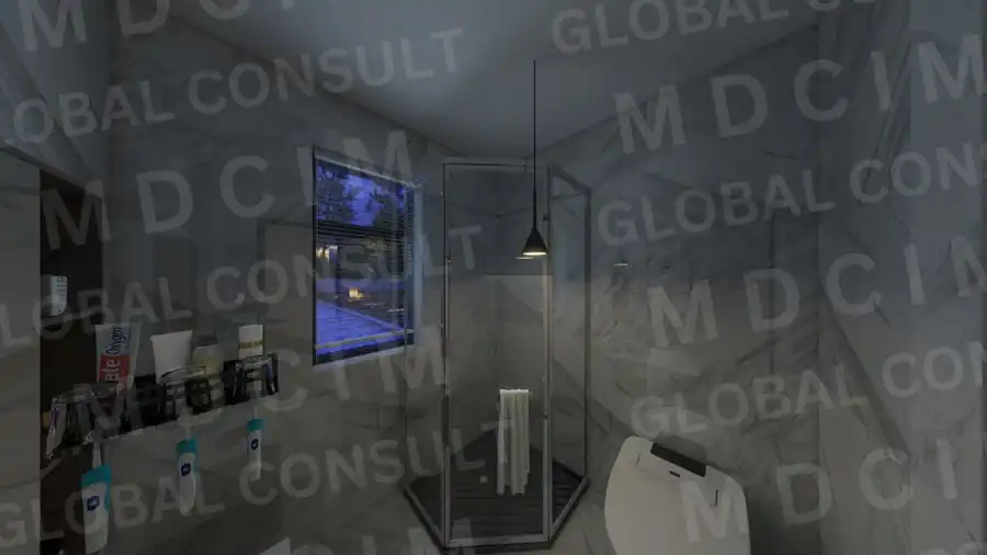 Randare baie moderna cu cabina de dus din sticla – casa duplex