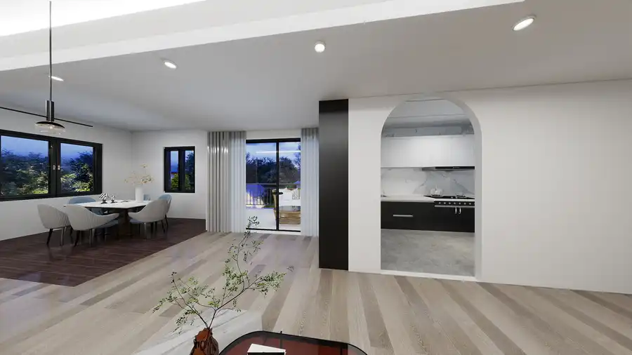 Living cu zona dining si vedere spre bucatarie prin arc – casa de vacanta 96 mp