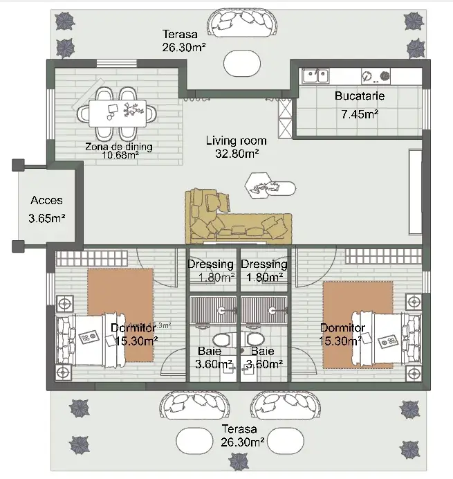 Plan parter mobilat – casa de vacanta 96 mp, living 33 mp, dining, 2 dormitoare, 2 bai, 2 terase